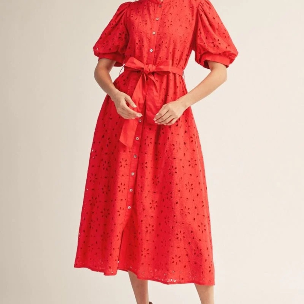 JODIFL Vibrant Red Eyelet Midi Dress